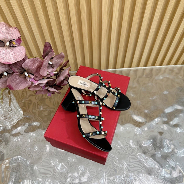 Rockstud Leather Caged Mule Sandals 60mm Black Sheepskin 307862