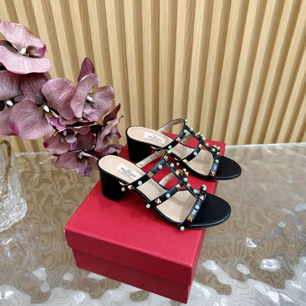 Rockstud Leather Caged Mule Sandals 60mm Black Sheepskin 307862