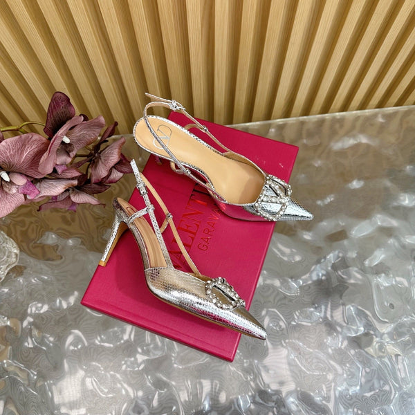 VT Slingback 8cm Silver Snake-grain Leather