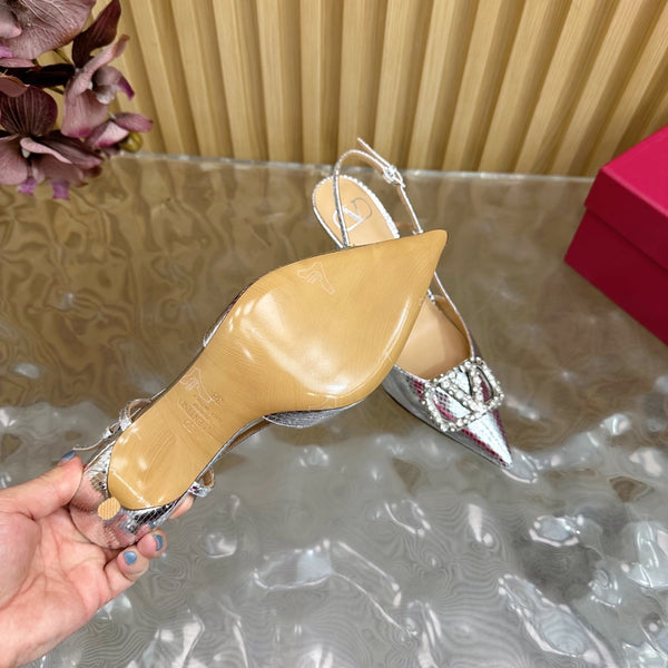 VT Slingback 8cm Silver Snake-grain Leather