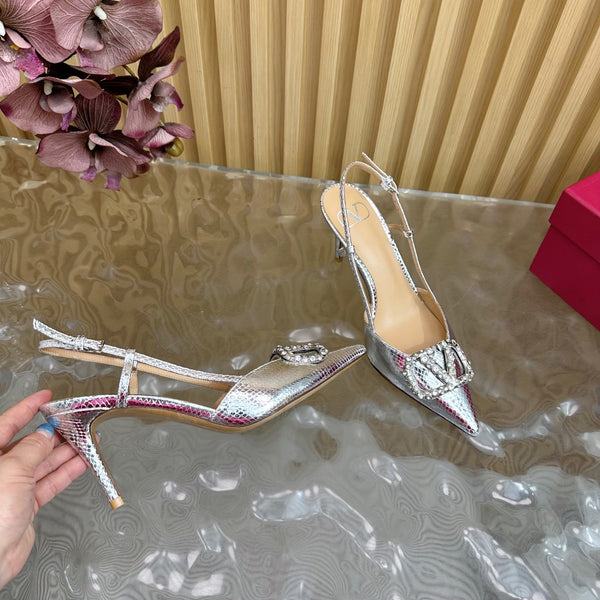 VT Slingback 8cm Silver Snake-grain Leather