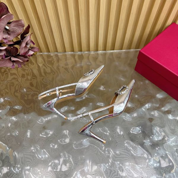 VT Slingback 8cm Silver Snake-grain Leather