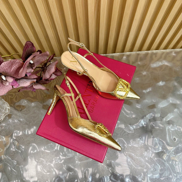 VT Slingback 8cm Gold Snake-grain Leather