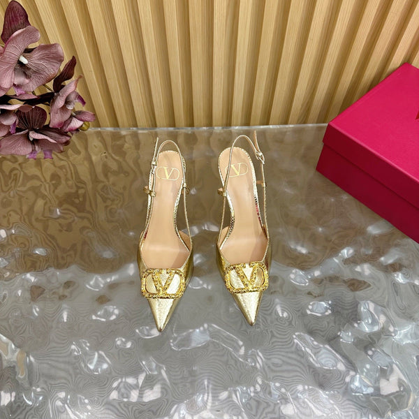 VT Slingback 8cm Gold Snake-grain Leather
