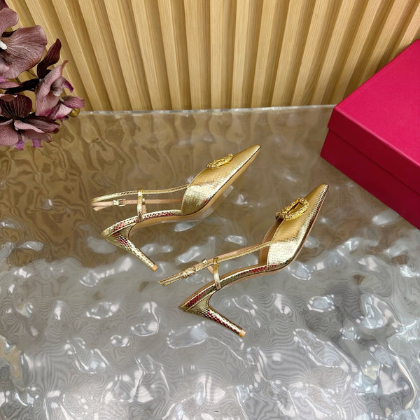 VT Slingback 8cm Gold Snake-grain Leather
