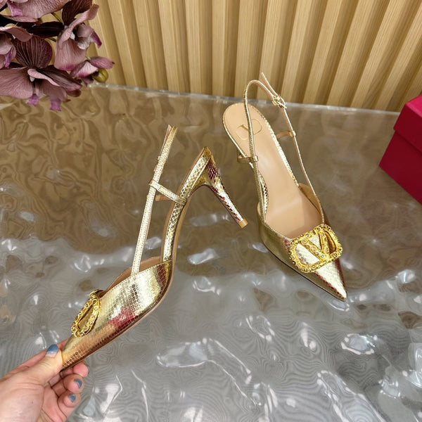 VT Slingback 8cm Gold Snake-grain Leather