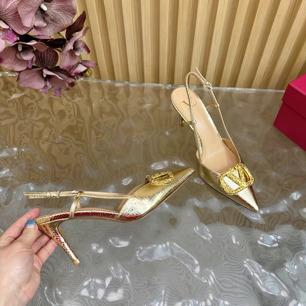 VT Slingback 8cm Gold Snake-grain Leather