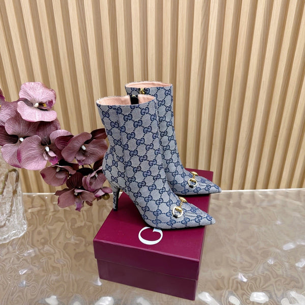 Gucci 2025 Thick-heeled Square-toed Ankle Boots Blue Sheepskin Fabric 498065