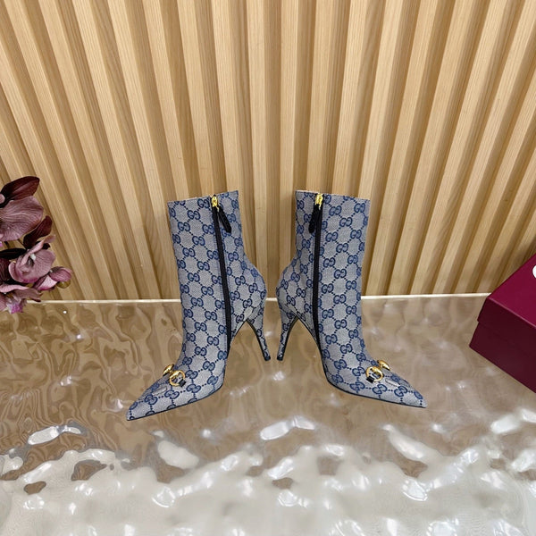 Gucci 2025 Thick-heeled Square-toed Ankle Boots Blue Sheepskin Fabric 498065