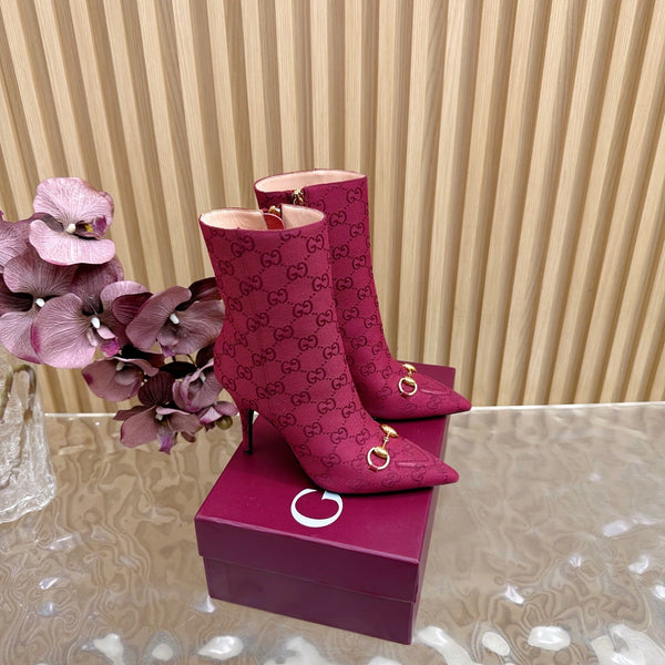 Gucci 2025 Thick-heeled Square-toed Ankle Boots Red Gold Sheepskin Fabric 498066