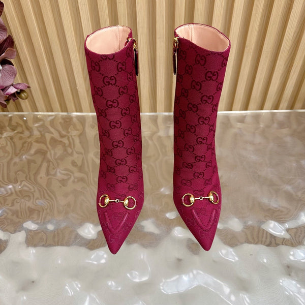 Gucci 2025 Thick-heeled Square-toed Ankle Boots Red Gold Sheepskin Fabric 498066