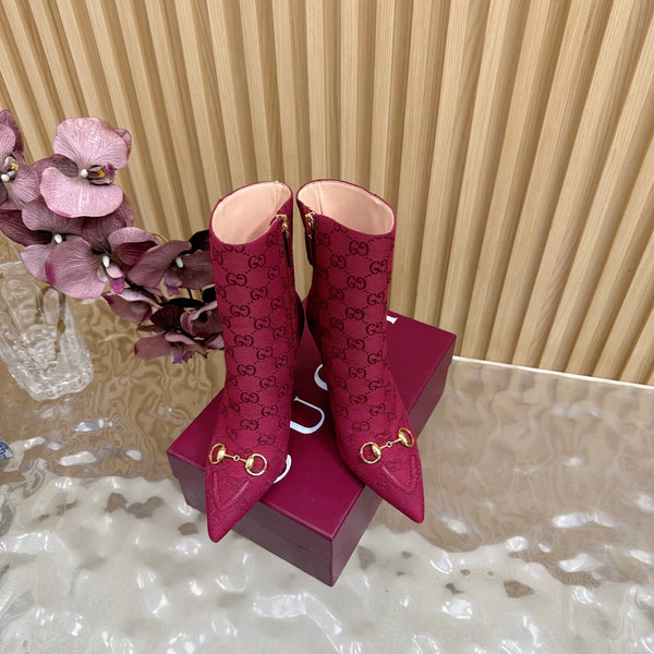 Gucci 2025 Thick-heeled Square-toed Ankle Boots Red Gold Sheepskin Fabric 498066