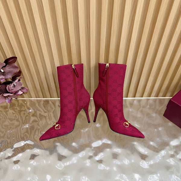 Gucci 2025 Thick-heeled Square-toed Ankle Boots Red Gold Sheepskin Fabric 498066