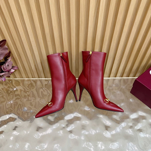 Gucci 2025 Thick-heeled Square-toed Ankle Boots Red Sheepskin 498068