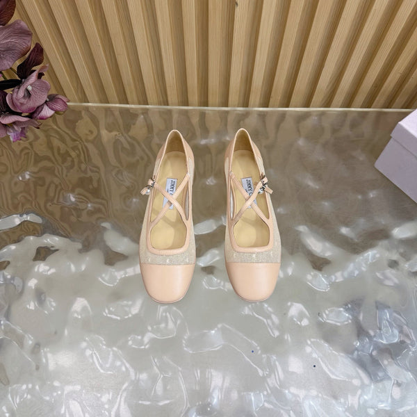 Jimmy Choo Mary Jane Flat Shoes Nude Mesh Leather 537764