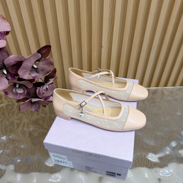 Jimmy Choo Mary Jane Flat Shoes Nude Mesh Leather 537764