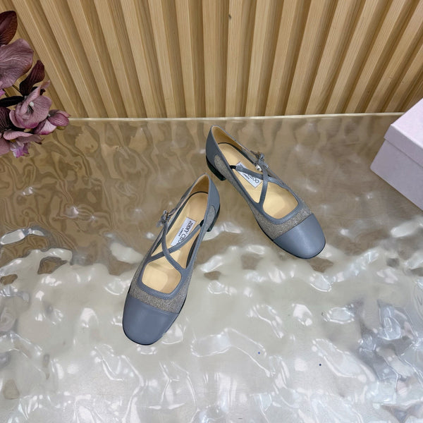 Jimmy Choo Mary Jane Flat Shoes Gray Mesh Leather 537765