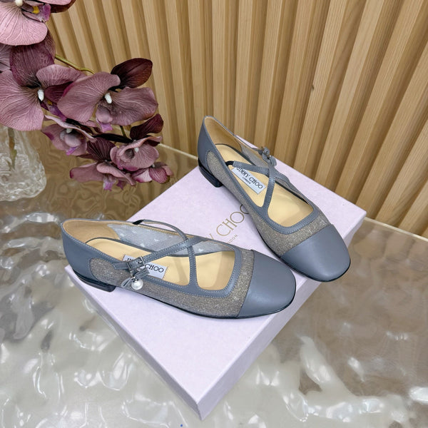 Jimmy Choo Mary Jane Flat Shoes Gray Mesh Leather 537765