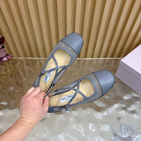 Jimmy Choo Mary Jane Flat Shoes Gray Mesh Leather 537765