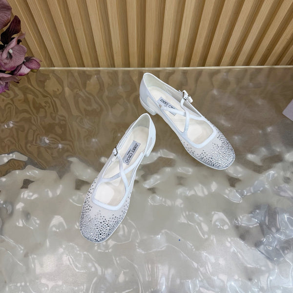 Jimmy Choo Mary Jane Flat Shoes White Mesh Cross Strap Pearl 537767