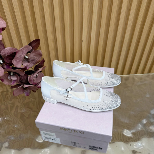Jimmy Choo Mary Jane Flat Shoes White Mesh Cross Strap Pearl 537767