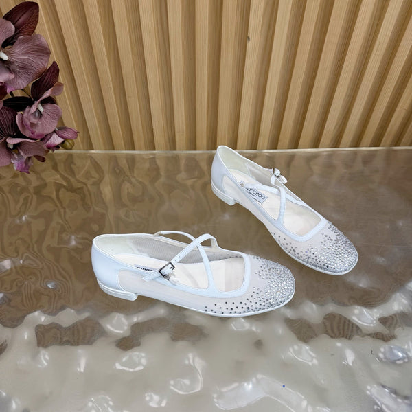 Jimmy Choo Mary Jane Flat Shoes White Mesh Cross Strap Pearl 537767