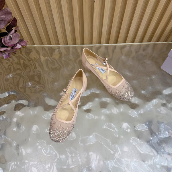 Jimmy Choo Mary Jane Flat Shoes Nude Mesh Cross Strap Pearl 537768
