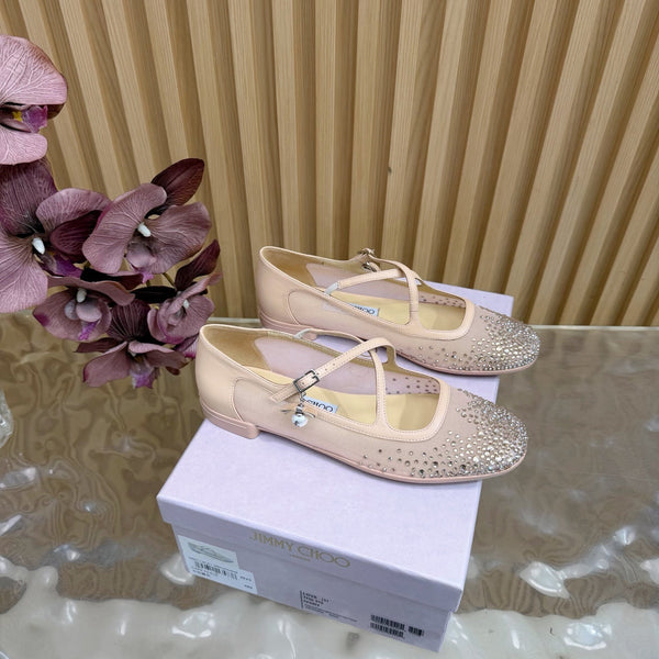 Jimmy Choo Mary Jane Flat Shoes Nude Mesh Cross Strap Pearl 537768