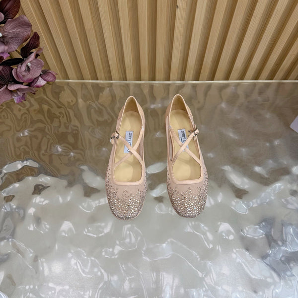 Jimmy Choo Mary Jane Flat Shoes Nude Mesh Cross Strap Pearl 537768