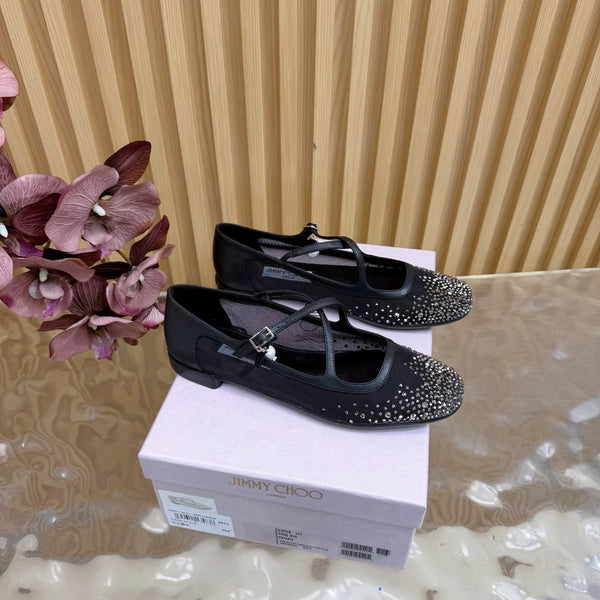 Jimmy Choo Mary Jane Flat Shoes Black Mesh Cross Strap Pearl 537769