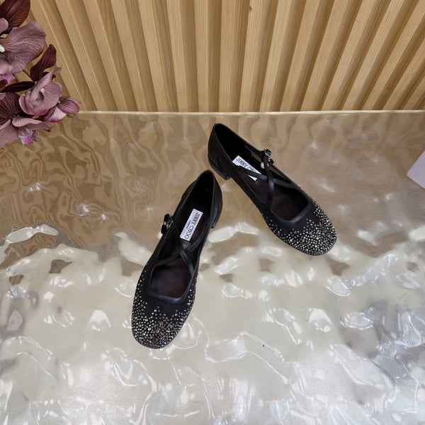 Jimmy Choo Mary Jane Flat Shoes Black Mesh Cross Strap Pearl 537769