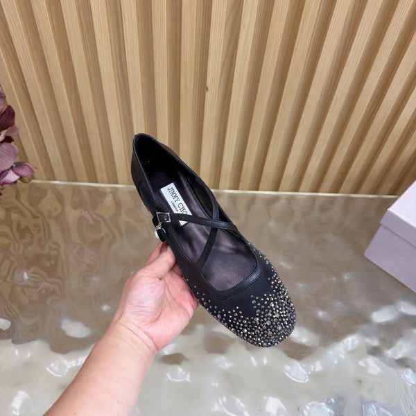 Jimmy Choo Mary Jane Flat Shoes Black Mesh Cross Strap Pearl 537769