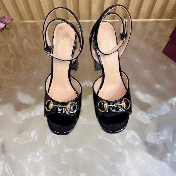 GG 26s Horsebit Platform Sandals 11cm Black Patent Leather 886498