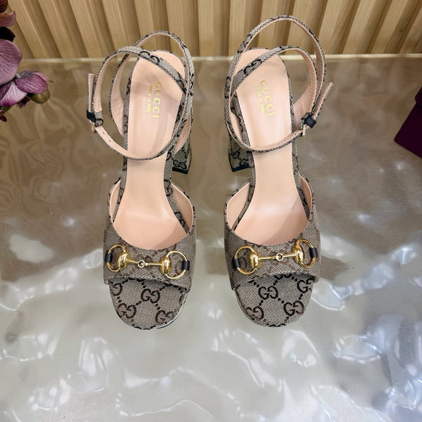 GG 26s Horsebit Platform Sandals 11cm Beige Brown Canvas 886501