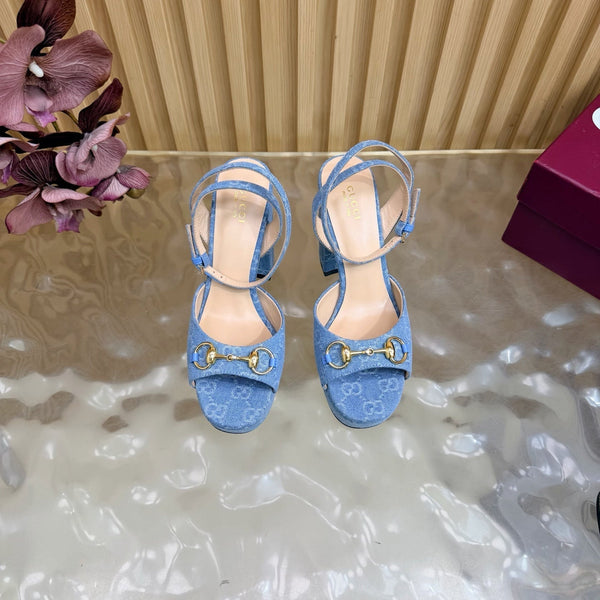 GG 26s Horsebit Platform Sandals 11cm Blue Canvas 886502