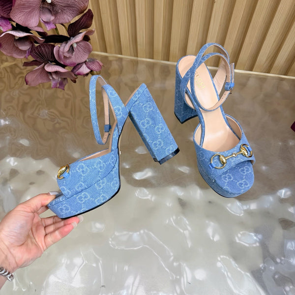 GG 26s Horsebit Platform Sandals 11cm Blue Canvas 886502