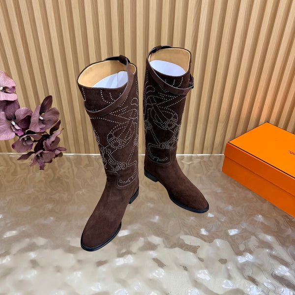 HM 26S Studded Jumping Boots 3cm Brown Suede 114941