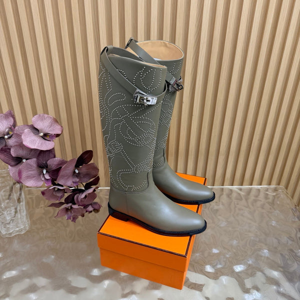 HM 26S Studded Jumping Boots 3cm Khaki Leather 114943