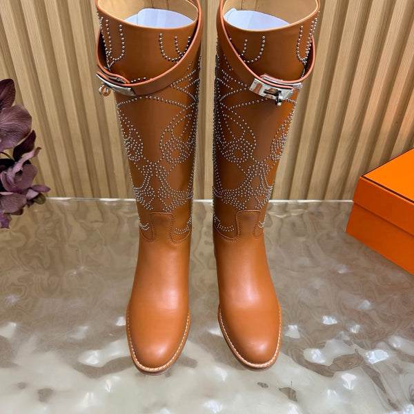 Hermes 26S Studded Jumping Boots 3cm Tan Leather 114944