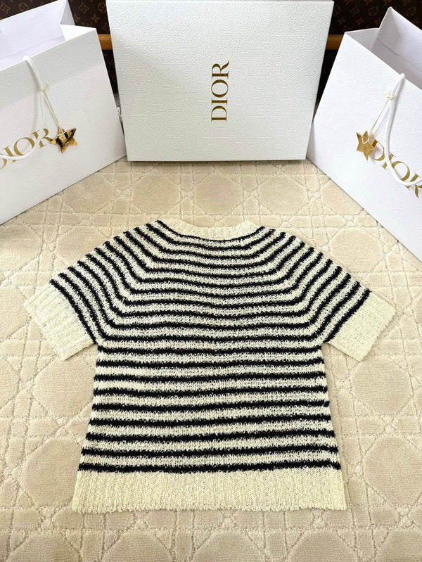 CD 2025 Striped Knitted Short Sleeves Beige mix Black Cotton