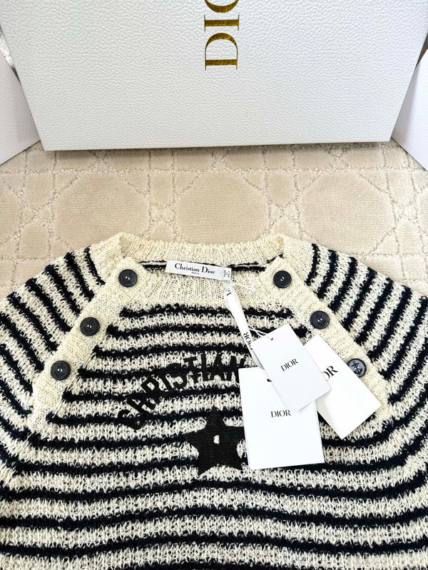 CD 2025 Striped Knitted Short Sleeves Beige mix Black Cotton