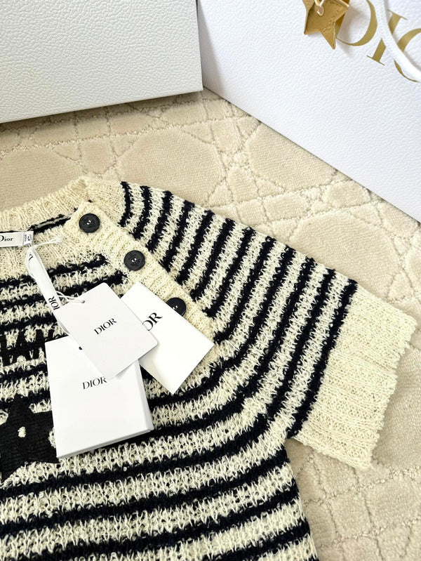 CD 2025 Striped Knitted Short Sleeves Beige mix Black Cotton