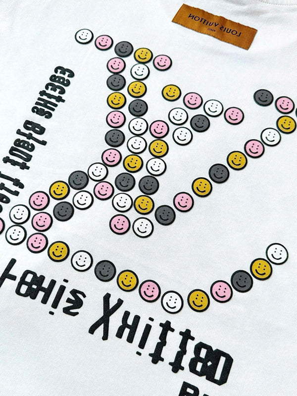 LV 25 Rainbow Smiley Face Print Short Sleeves Shirt White Cotton