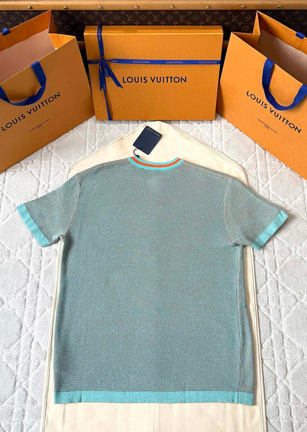 LV 25 Dolphin Jacquard Short Sleeve Shirt Blue Sweater Knit