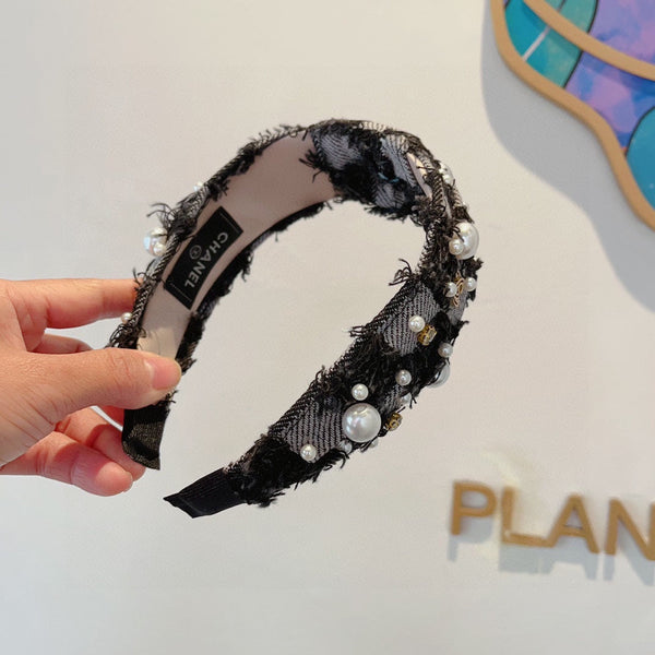 BLACK MIX PALE GRAY FABRIC HAIRBAND WITH PEARL 410864