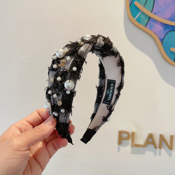 BLACK MIX PALE GRAY FABRIC HAIRBAND WITH PEARL 410864