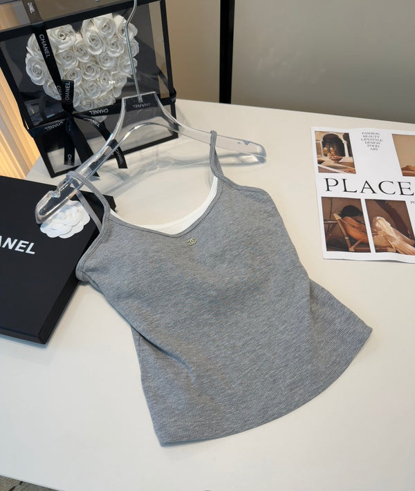 Chanel Rib-Knit Tank Top Dark Grey Cotton Polyamide 185829