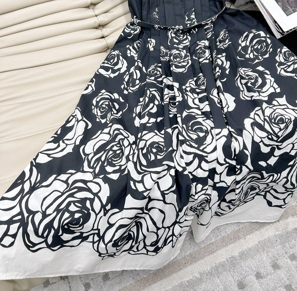 CD 2025 Floral Short-sleeved Belt Shirt Dress Black mix White Cotton