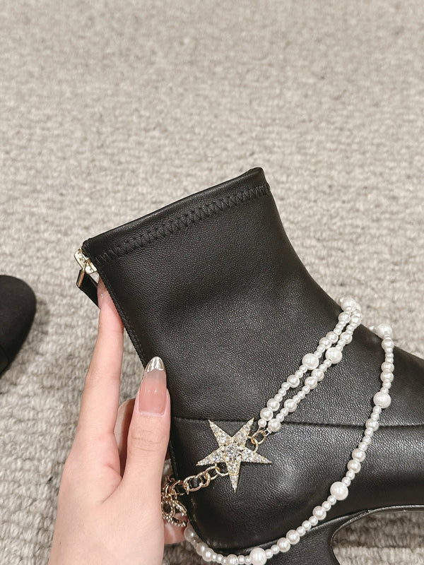 CC LOW CUT BOOTS IN BLACK STRETCH LAMBSKIN AND GROSGRAIN WITH PEARL CHAIN