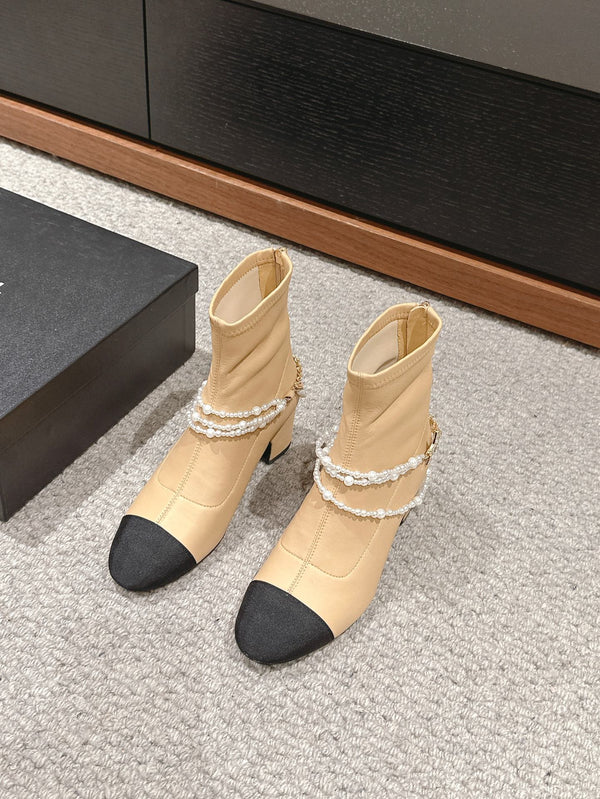 CC LOW CUT BOOTS IN SEPIA BEIGE STRETCH LAMBSKIN AND GROSGRAIN WITH PEARL CHAIN